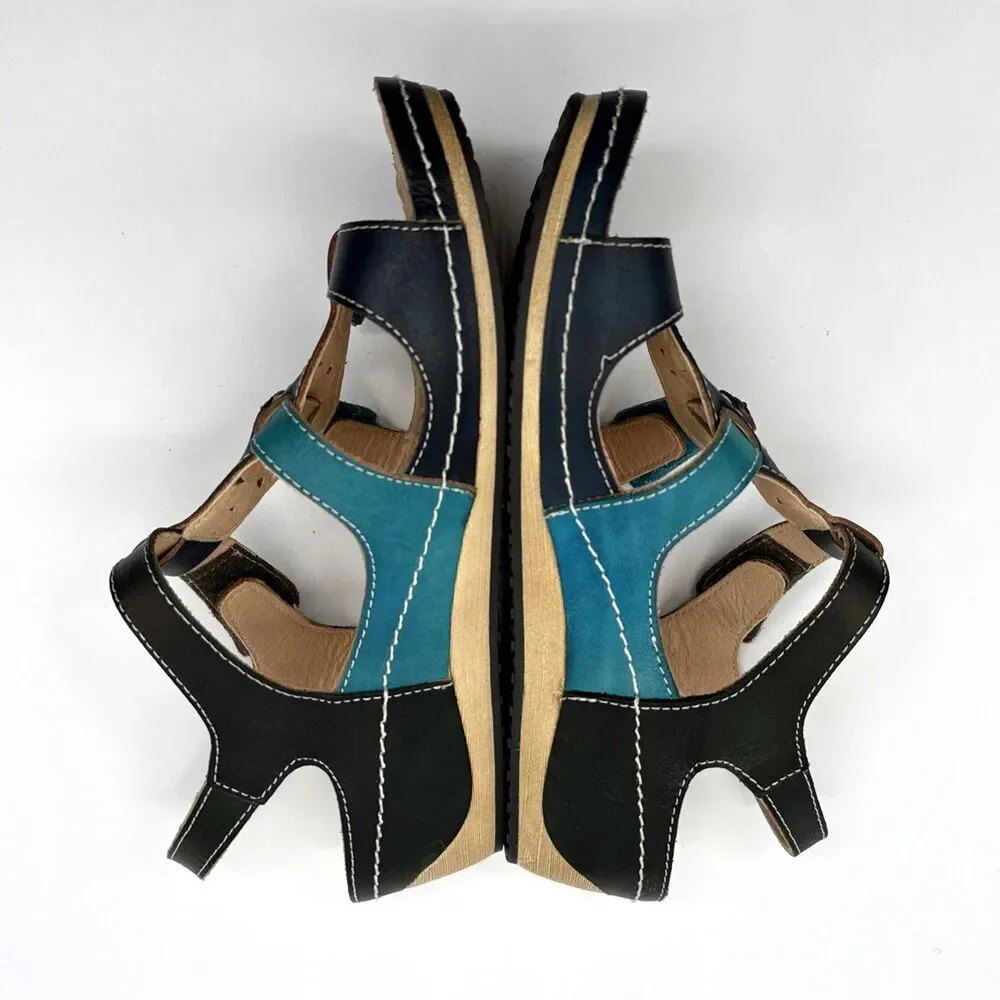 L'Artiste by Spring Step MELISSA Navy/Teal Leather Wedge Sandal Wm US 7.5 & EU38